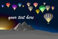 Colorful hot air balloons over scenic pyramids, sunrise, your text Royalty Free Stock Photo