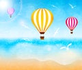 Colorful hot air balloons over the sea. Vector illustration Royalty Free Stock Photo