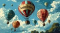 Colorful hot air balloons soaring in the sky, each carrying a birthday message or a well-wishing phrase. simple cartoon happy