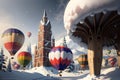 Colorful Hot Air Balloons Taking Off from a Ski Resort in Snowy Mountains. AI generated