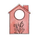 The colorful house, hand-painted with watercolor and graphics, is made in red tones with summer flowers on a white Royalty Free Stock Photo