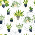 Colorful houseplant in pot seamless pattern. Vector endless background with cute plant and cactus in flowerpot.