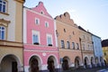 Colorful houses with arcades at Husovo namesti in Nove Mesto nad Metuji, Czechia Royalty Free Stock Photo