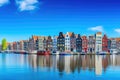 Colorful houses on the bank of the canal in Amsterdam, Netherlands, Amsterdam Netherlands dancing houses over river Amstel Royalty Free Stock Photo