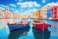 Colorful houses and boats in Burano island, Venice, Italy, Colorful seashore city landscape view with beautiful dinghy boats