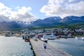 Colorful houses, boats on sea and mountains, Ushuaia, Capaital of Tierra del Fuego, Patagonia, Argentina Royalty Free Stock Photo