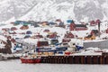 Colorful houses and church on the hill, Sisimiut city panorama f Royalty Free Stock Photo