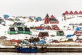 Colorful houses and church on the hill, Sisimiut town view from