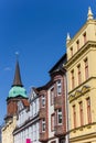 Colorful houses and church tower in Schwerin