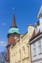 Colorful houses and church tower in Schwerin