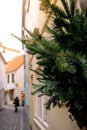 Colorful houses and narrow streets with Christmas decoration and lights in historic Schnoorviertel in Bremen