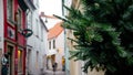 Colorful houses and narrow streets with Christmas decoration and lights in historic Schnoorviertel in Bremen