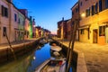 Colorful houses at night in Burano, Venice Italy. Night lights on the beautiful Burano island. Venice, Italy. Colourfully painted Royalty Free Stock Photo