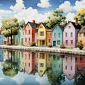 Colorful houses by a river with reflections, in a cartoon realism style Royalty Free Stock Photo