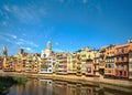 Colorful houses and Saint Mary Cathedral at Onyar River in Girona, Spain.