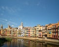 Colorful houses and Saint Mary Cathedral at Onyar River in Girona, Spain.