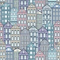 Colorful houses seamless pattern, city background, urban landscape. Multicolored pastel European brick house, flat drawing,