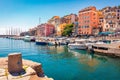 Colorful houses on the shore of Bastia port. Bright morning view of Corsica island, France Royalty Free Stock Photo