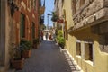 The colorful houses are well equipped with planters like here in Zampeliou street in the old town of Chania, Greece