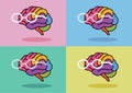 Colorful human brain wearing glasses cartoony icon in pop art style illustration on various color theme