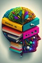 Colorful human head made of books. Three-dimensional illustration Royalty Free Stock Photo