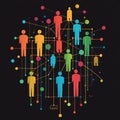 Colorful human network diagram with interconnected nodes and lines on black background
