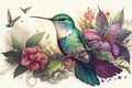Colorful humming bird on stick tree with flower in watercolor design artistic.