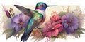 Colorful humming bird on stick tree with flower in watercolor design artistic.