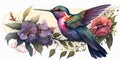 Colorful humming bird on stick tree with flower in watercolor design artistic.