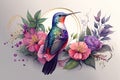 Colorful humming bird on stick tree with flower in watercolor design artistic.