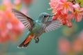 a colorful hummingbird flies near some pink flowers with yellow petals Royalty Free Stock Photo