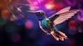 A colorful hummingbird flying in the air with fireworks behind it, AI