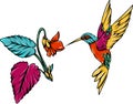 The colorful hummingbird with the Hawaii flowers beside