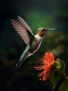 Colorful hummingbird mid flight with red flower Royalty Free Stock Photo