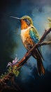 Colorful Hummingbird Perched On Branch - Peter Mohrbacher Style