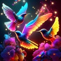 Colorful hummingbirds flying in the night sky. 3d rendering AI Generated