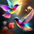 Colorful hummingbirds flying in the night sky, 3d rendering Generative AI