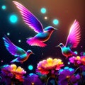 Colorful hummingbirds flying in the night sky with flowers and stars Generative AI