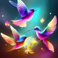 Colorful hummingbirds flying in the night sky. Vector illustration. AI Generated