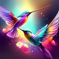 Colorful hummingbirds flying in the sky. 3D illustration. AI generated