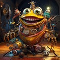 a colorful humorous cartoon character made up of whimsical gears and machinery, engaged in a comical activity or situation.