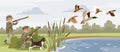Colorful hunting horizontal banners with hunters shooting flying wild ducks near pond