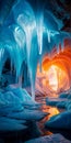 a colorful ice cave with light shining through the end. The ice appears to be melting. Royalty Free Stock Photo
