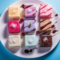 colorful ice cream cakes on a white plate on a blue background