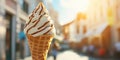 Colorful Ice Cream Cone Against Blurred Street.