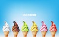 Colorful Ice cream in the cone, Different fruit flavors, Vector illustration