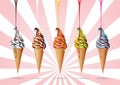 Colorful Ice cream in the cone, Different syrup, chocolate, Vector