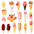 Colorful ice cream cone icons set. Vector cartoon food illustration. Sweet design elements, isolated on white background Royalty Free Stock Photo