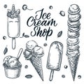 Colorful ice cream cone icons set. Vector cartoon food illustration. Sweet design elements, isolated on white background Royalty Free Stock Photo