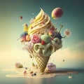 A Colorful Ice Cream Cone with Mouthwatering Toppings and Fruits on A Pastel Yellow-Green Background, with Melted Ice Cream around